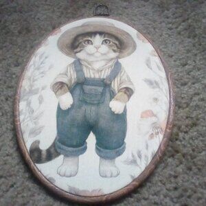 Vintage Overall Cat Wall Art Decor, Whimsical Cottagecore Animal Oval Framed Can